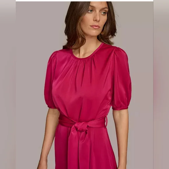 Donna Karan Fuchsia Midi Dress with Puff Sleeves - Picture 4 of 9